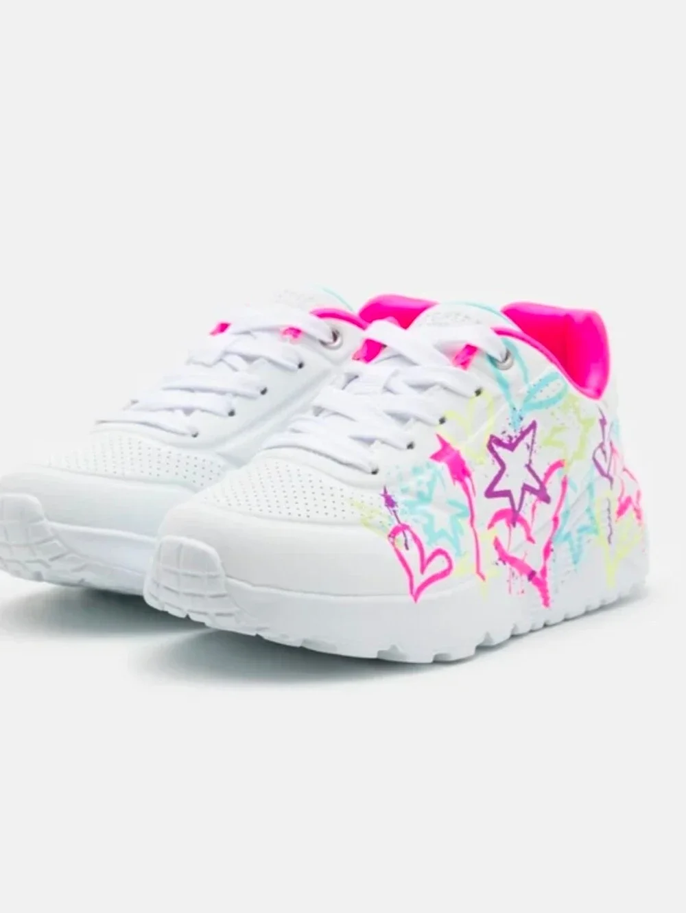 Skechers White Sneakers with Neon Pink Star & Multi-Color Graffiti